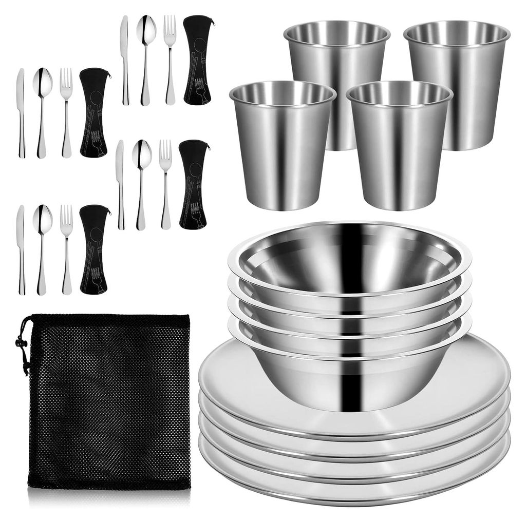 Campingbesteck Set für 4 Personen, 29-teiliges Outdoor-Picknickbesteck aus Edelstahl mit Etui, Schüsseln, Tellern, Tassen, Messern, Gabeln und L...