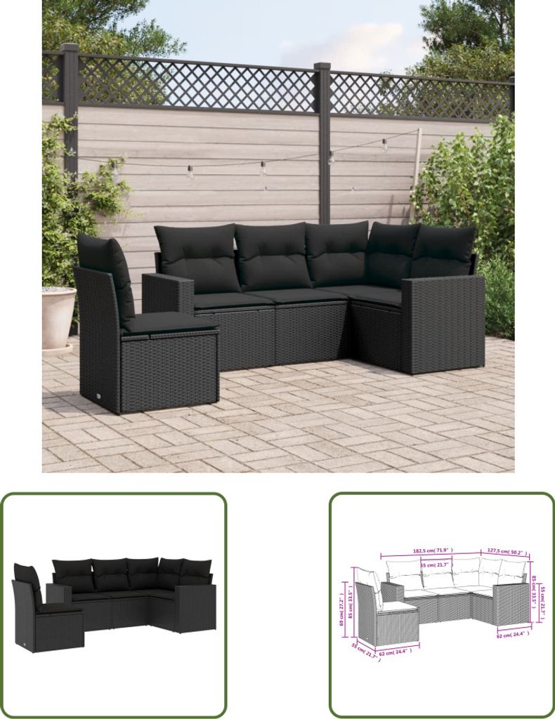 The Living Store 5-tlg. Garten-Sofagarnitur mit Kissen Schwarz Poly Rattan