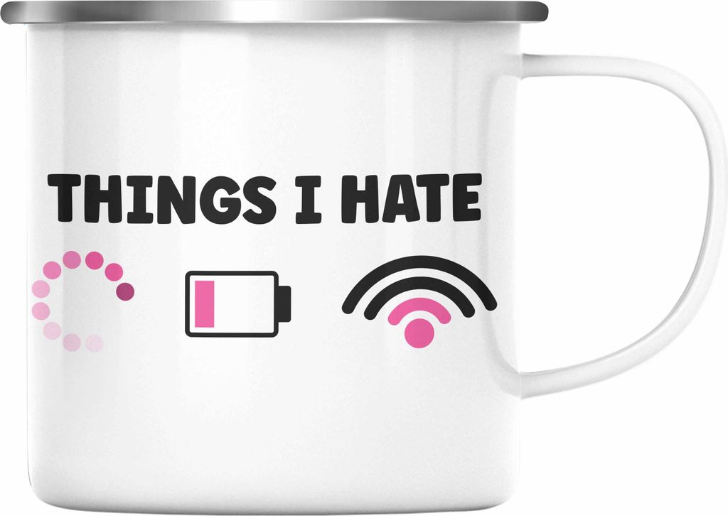 Trendation - Lustige Programmiererin Computer Gaming Geschenk Emaille Tasse Things I Hate Emaille Emaille Tasse Geschenkidee (Silber)