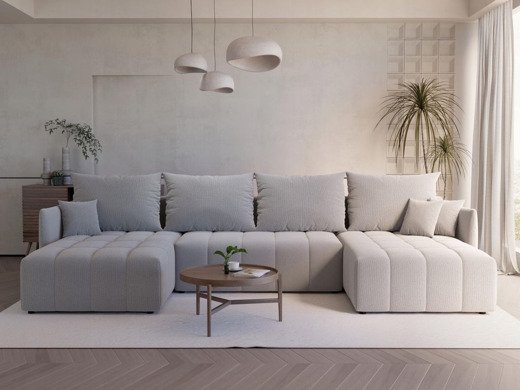 LetSit Ecksofa Pola U Curio U-förmig Freistehendes Loungesofa Kompakt Schlaffunktion Schmutzabweisend Bettzeuglagerung Für Wohnzimmer Hellgrau