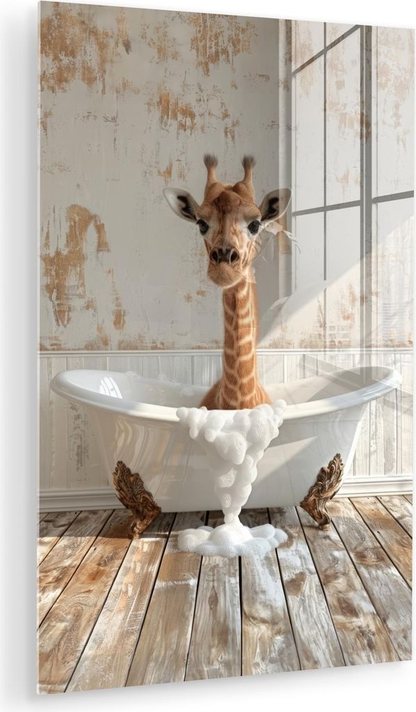 MuchoWow Glasbilder - Bilder auf Wandbild - Foto auf Glas Giraffe - Badewanne - Vintage - Tiere 60x90 cm Wanddekoration aus Glas - Acrylglasbild - ...