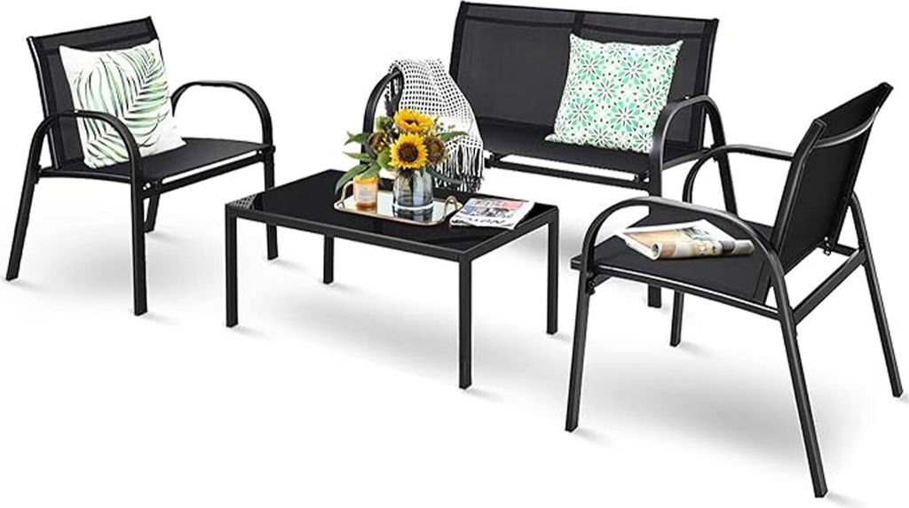 Gartenmöbel Lounge Set, Gartenlounge Set mit Couchtisch & Gartenbank & 2 Essstühle, Textilene Balkonmöbel Set 4 Personen (Schwarz)