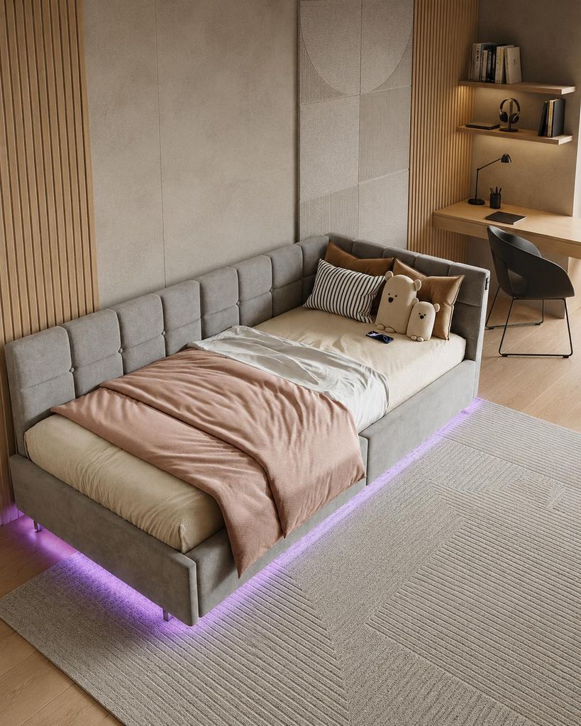 INONEFT Polsterbett Schlafsofa 90×200 cm mit LED und USB, Produktbild  KI-generiertes Bild