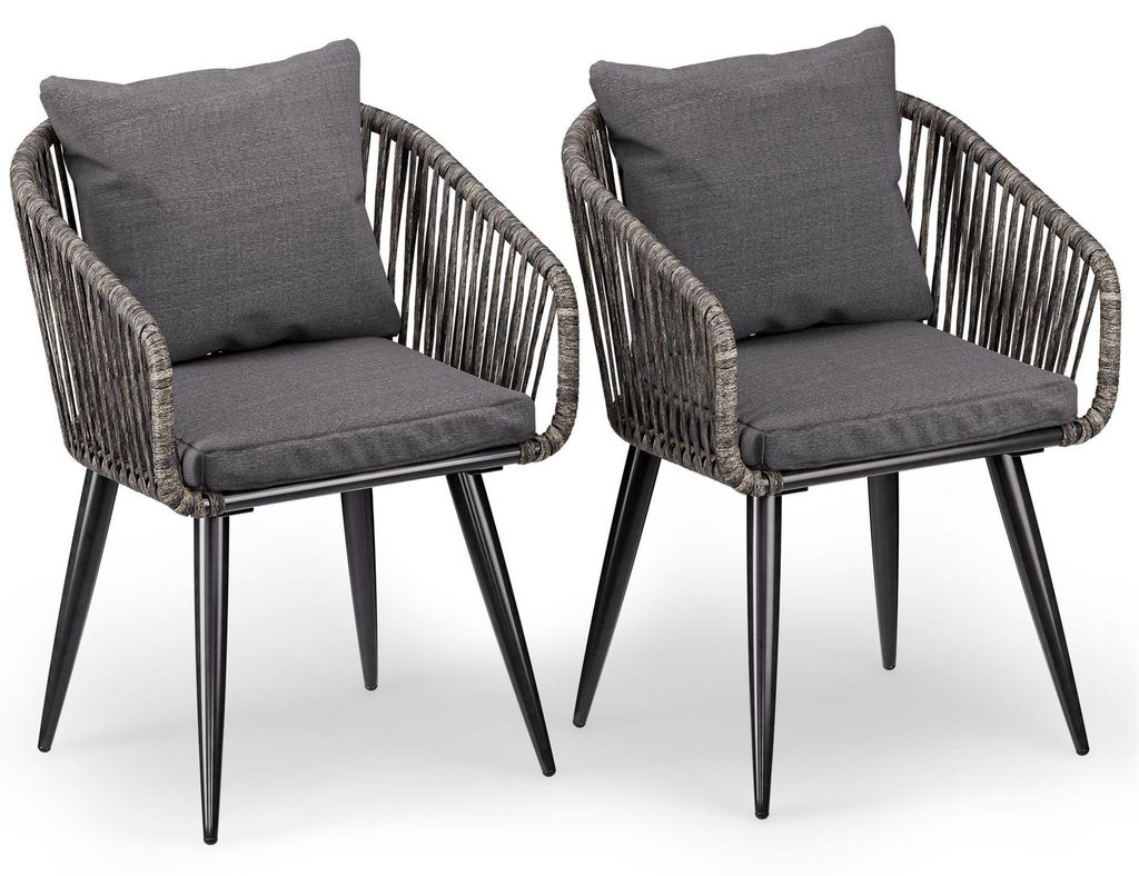 di volio Gartenstühle NEMI - Polyrattan 2er Set, Rattan Stühle outdoor wetterfest, Gartensessel aus verzinktem Stahl mit Kissen, Grau