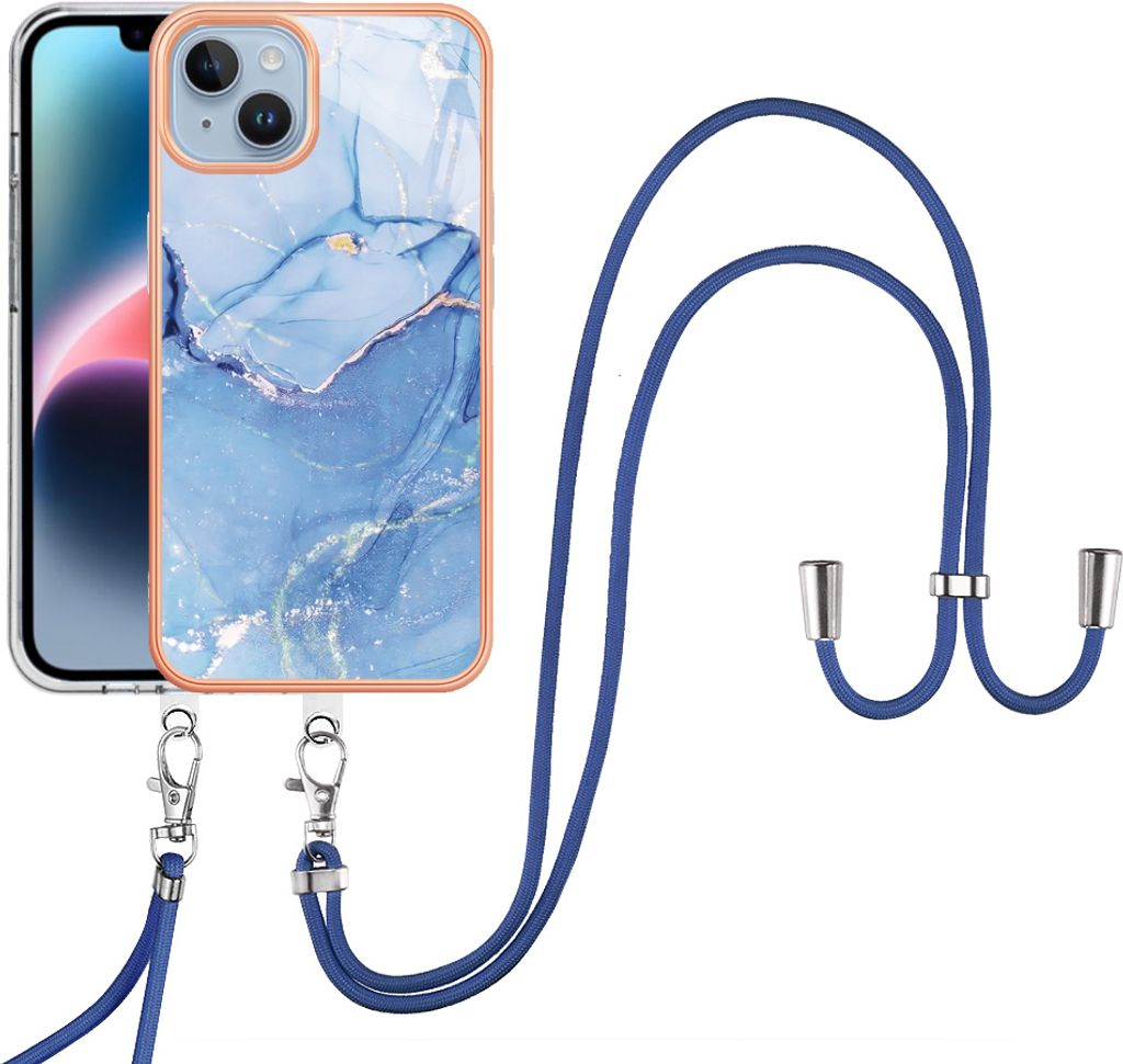 iPhone 15 Handykette Hülle, Muster TPU Bumper Schutzhülle mit verstellbarem Tragegurt für iPhone 15 Blau