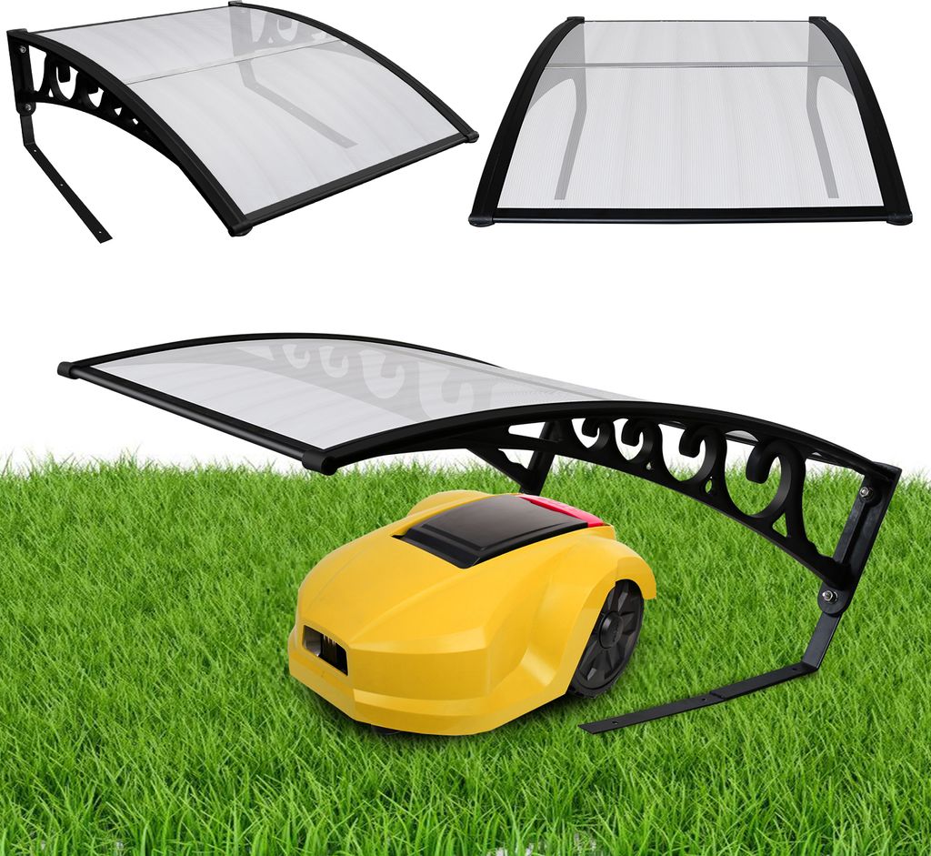 Jayseuw Rasenmäher Garage für Mähroboter Carport Schwarzer Stahlrahmen Metall Pulverbeschichtet 105x85x50 cm Transparenter Dach