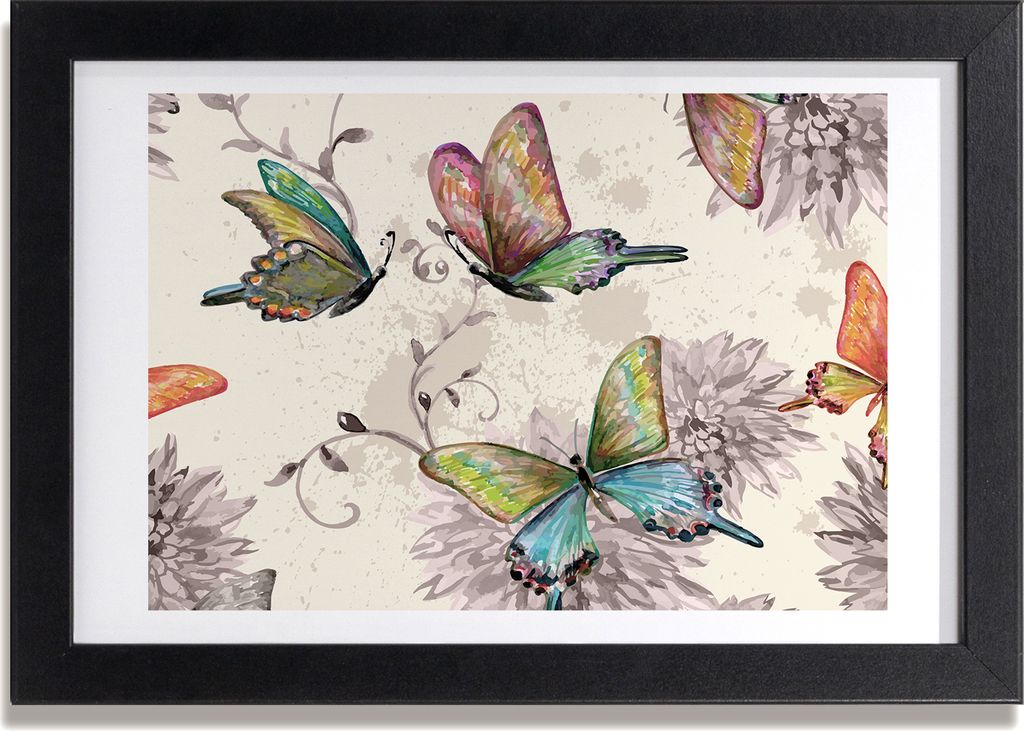 Bild 30x20 MDF-Rahmen, Wandkunst Schmetterlinge und Blumen