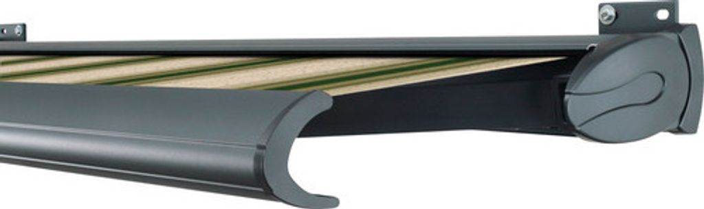 SOLUNA Kassettenmarkise Exclusiv 5x3 Stoff Dessin 320b70 Gestell RAL 7016 anthrazitgrau Antrieb rechts inkl. Motor und W
