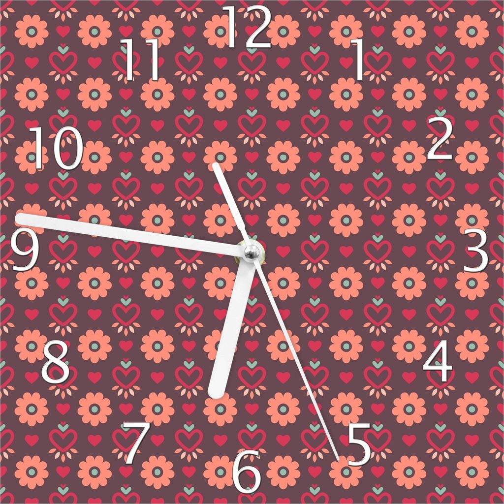 Wallario Design Wanduhr Muster mit Blumen und Herzen aus Echtglas, Größe 20 x 20 cm