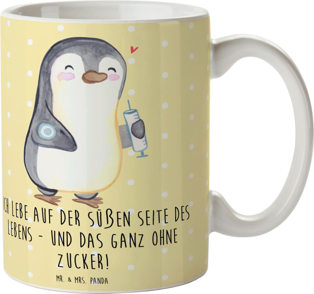 Mr. & Mrs. Panda Trinkbecher Pinguin Diabetes - Gelb Pastell - Geschenk, Kaffeetasse, Zuckerkrankheit, cappuccinotasse, Kaffeepott, Tasse, haferl, ...