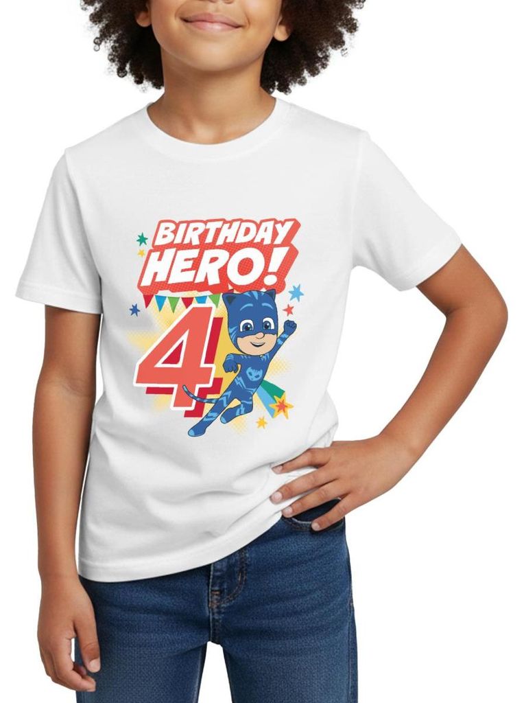 Spreadshirt PJ Masks Catboy Birthday Hero 4. Geburtstag Kinder T-Shirt, 98/104 (3-4 Jahre), Weiß