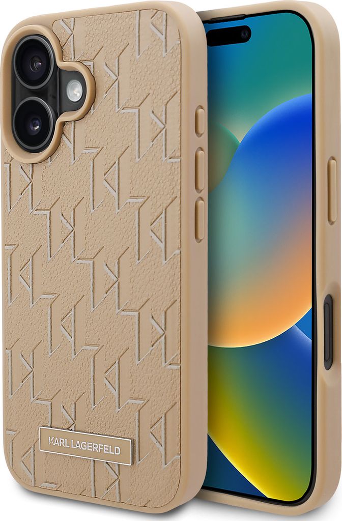 A beige Karl Lagerfeld iPhone case with a repeating K pattern is shown next to an iPhone.