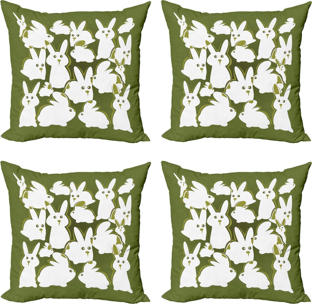 ABAKUHAUS Hase Kissenbezug Set (4 Stück), Lustiges Cartoon-Ostern Tier, Moderner Doppelseitiger Digitaldruck, 45 cm x 45 cm, Olivgrün und Weiß