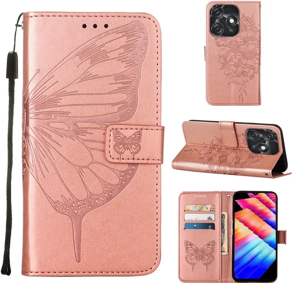Custodia Tecno Spark 10C Farfalla Rosa - Pelle con Porta Carte