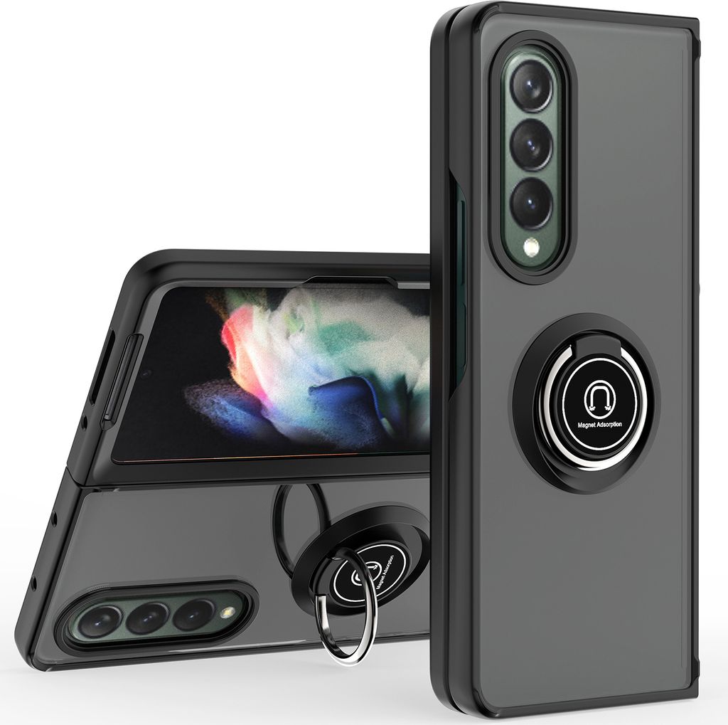 Samsung Z Fold3 5G Hülle, Ring Halter Ständer Matte Transluzent TPU Rahmen Stoßfest Schutzhülle für Samsung Galaxy Z Fold 3 5G Schwarz