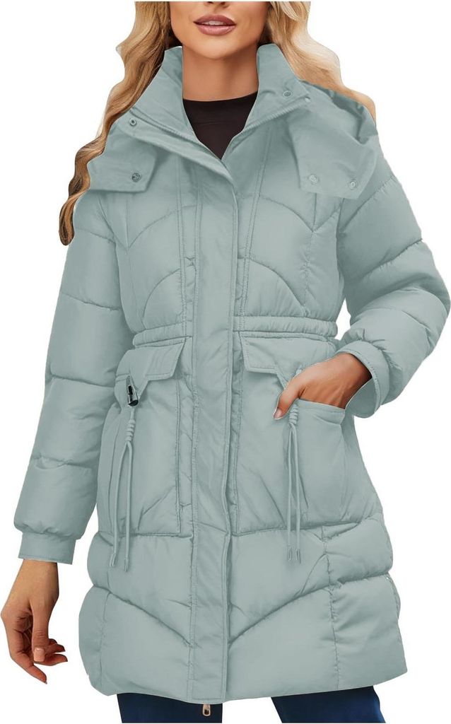 ASKSA Damen Daunenmantel Lang Winterjacke Winter Warm Puffer Jacke Einfarbigr mit Taschen Outdoor Winddicht Mantel Parka (Gruen,S)