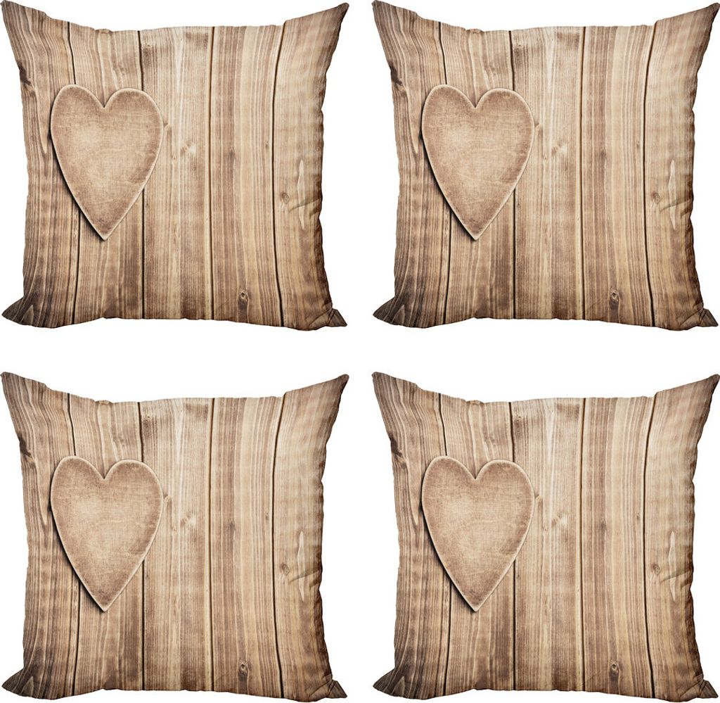 ABAKUHAUS Valentinstag Kissenbezug Set (4 Stück), Rustikales Herz Planks, Moderner Doppelseitiger Digitaldruck, 50 cm x 50 cm, Bräunen