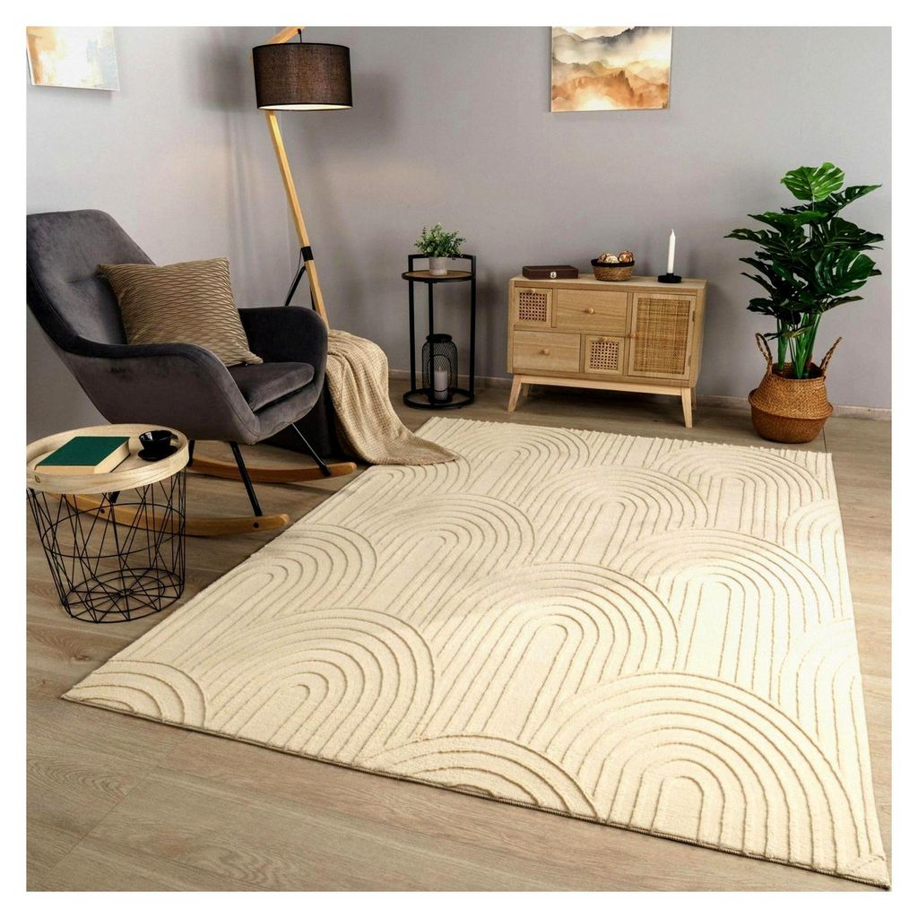 Teppich für Wohnzimmer und Esszimmer, Kurzflor, geometrisches Design, skandinavisch-boho, einfarbig, Farbe: Beige Creme, Größe: 160x220 cm