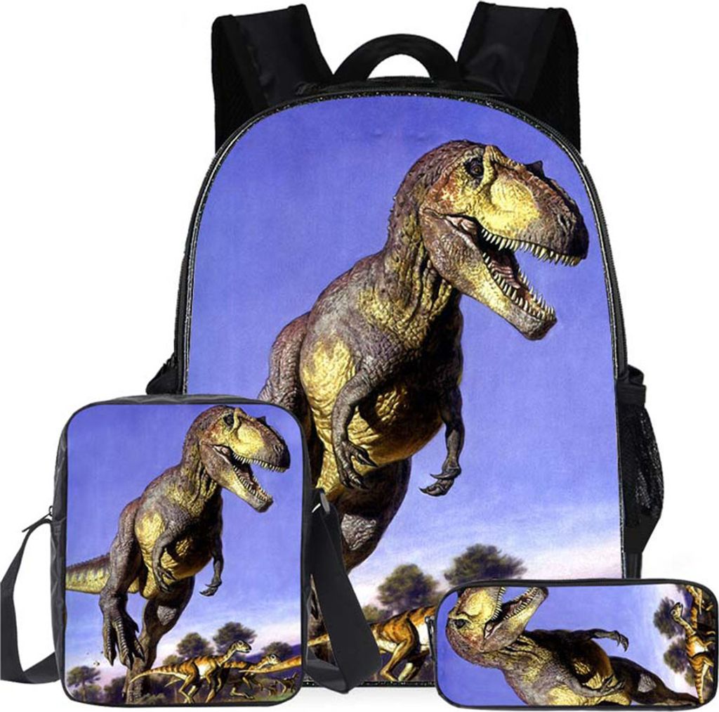 3 Stück Kinder Schulrucksäcke Dinosaurier Print Schultasche Schultertasche mit Lunchbag + Federmäppchen(14 Zoll,Dunkelblau)