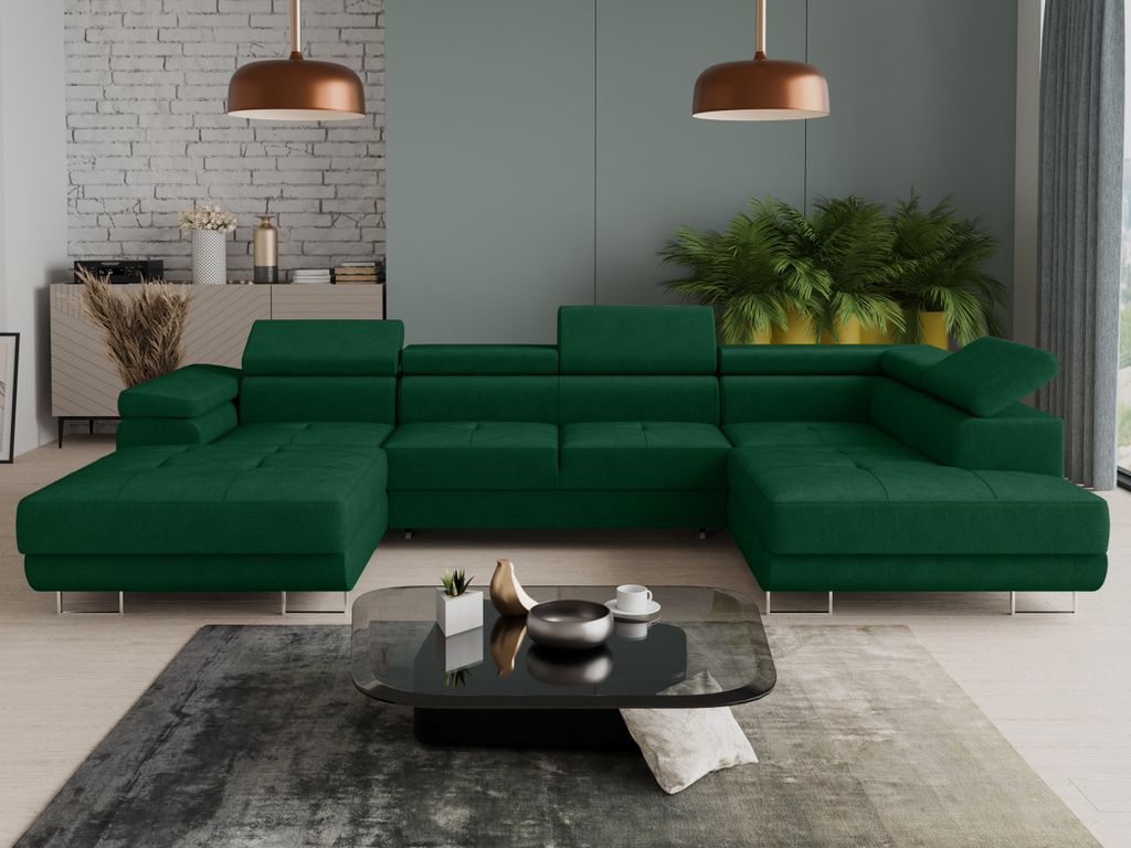Wohnlandschaft Caris U mit Schlaffunktion und einstellbare Kopfstützen, Ecksofa mit zwei Bettkästen, Couch, Sofa, Bettsofa (Grün (Kronos 19), Ec...