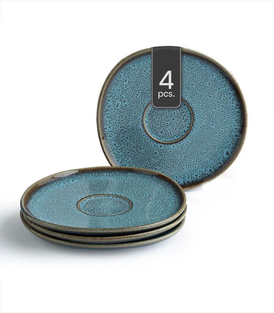 Kaffee-Untertassen - Ø 15 cm - Türkis - Braun - Steingut - 4er Set