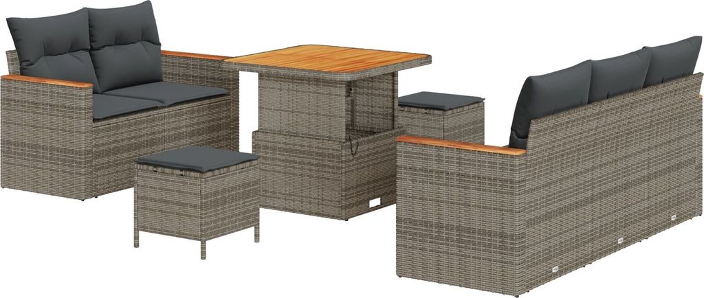 Möbel 8-Teiliges Garten Sofa Set mit Kissen Grau Poly Rattan Akazie, 3-Teiliges Garten Essenset mit Kissen Grau Poly Rattan Akazie - Gartensofas 3...