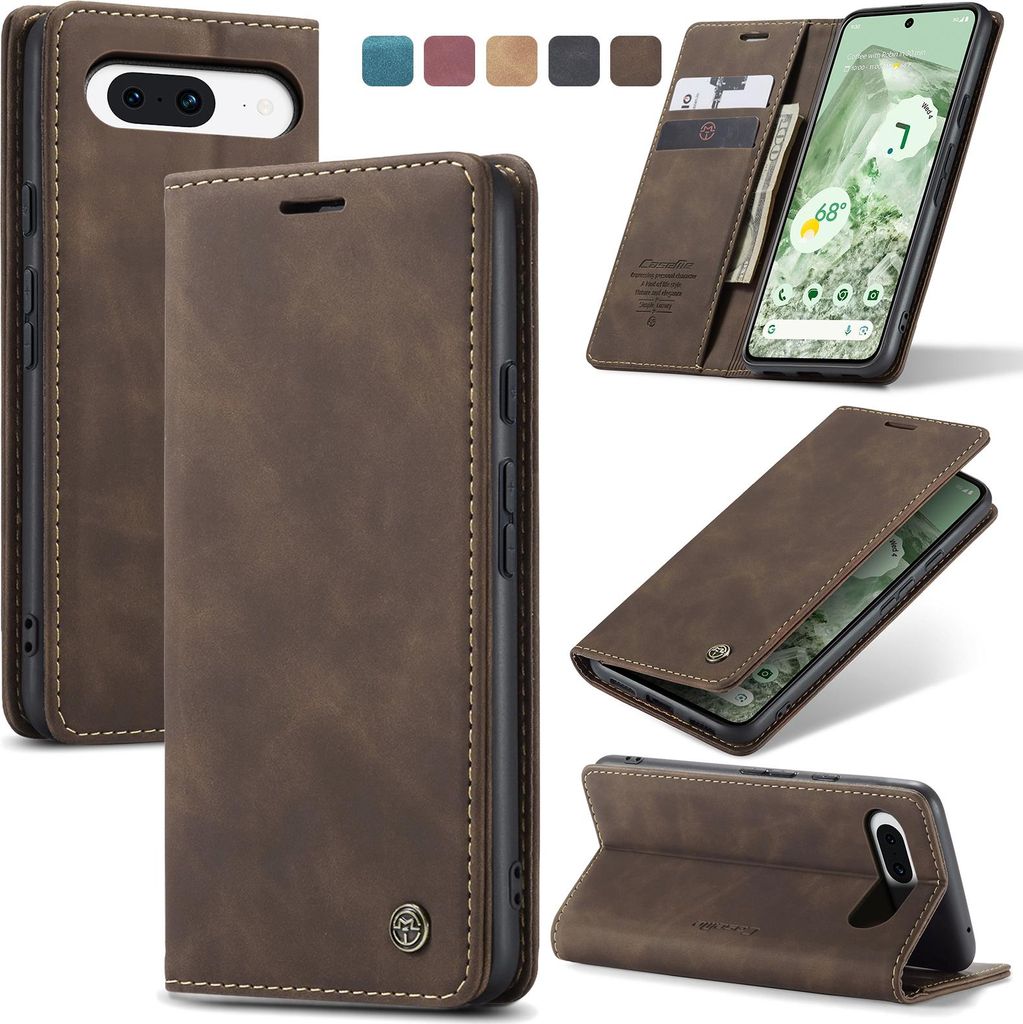 Caseme Handyhülle Leder Hülle Klapphülle Tasche Etui für Google Pixel 8a Dunkelbraun