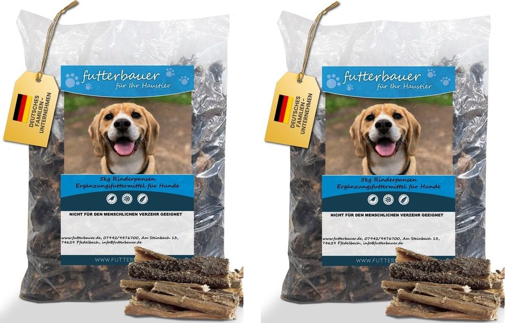 Two bags of dog treats with a dog's picture on the label.