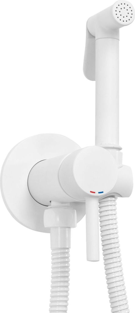 A white bidet sprayer set mounted on a white wall.