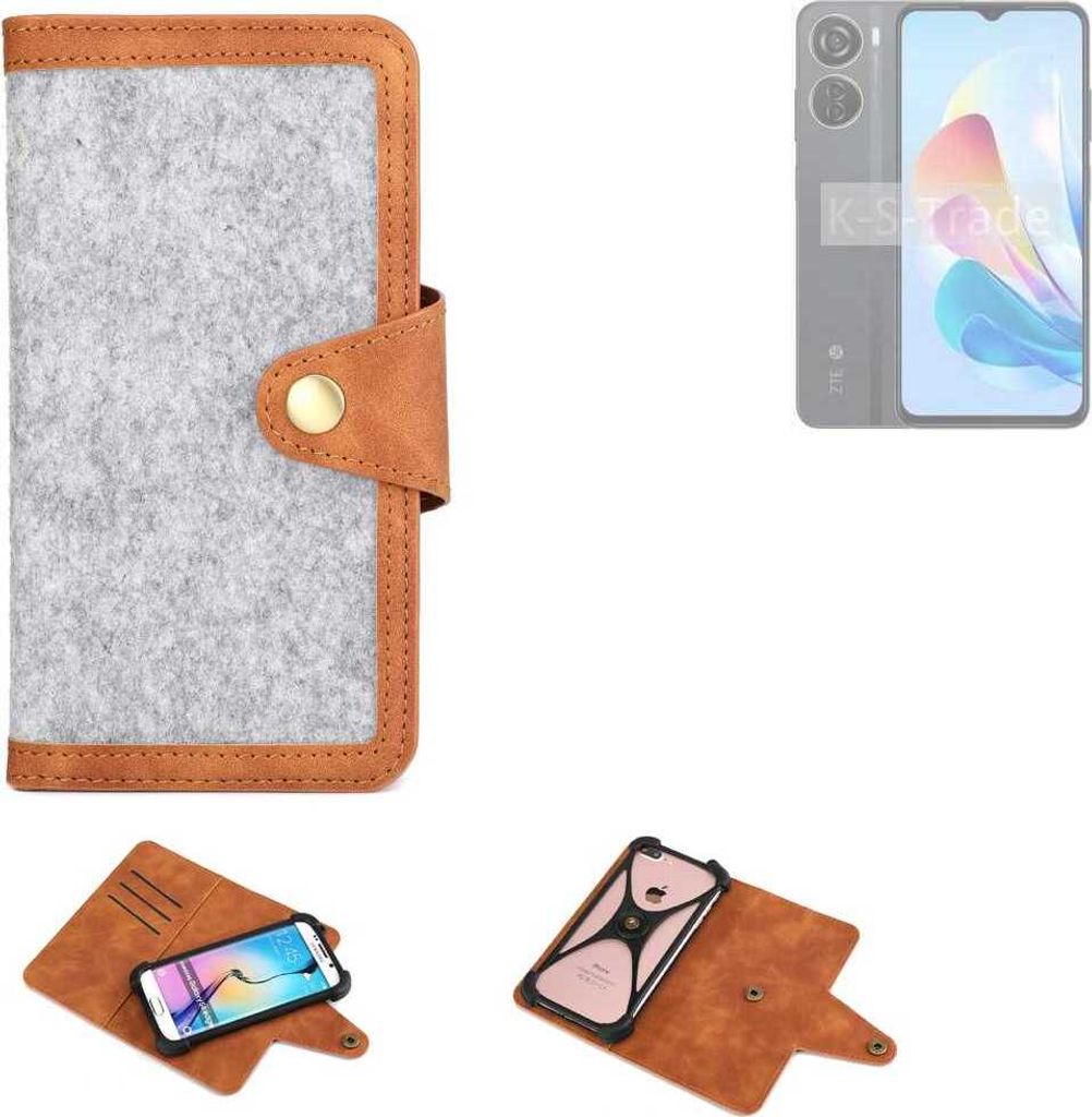 K-S-Trade Handyhülle kompatibel mit ZTE Blade V40 Design Schutzhülle Filz-Hülle Kunst-Leder hellgrau braun (1x)