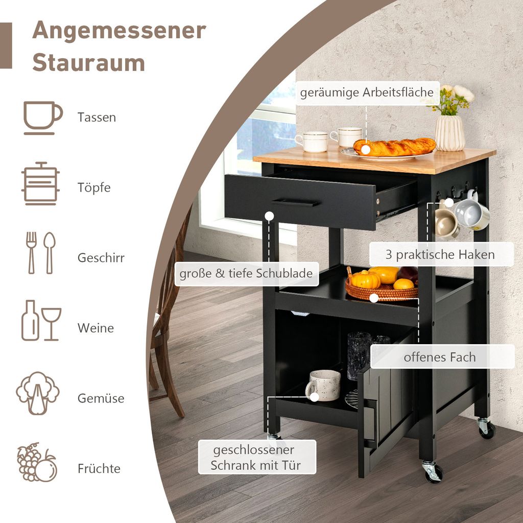 GOPLUS Küchenwagen Mit Rollen - Servierwagen Mit Schublade & Verstellbaren Regalen 83x48x91cm