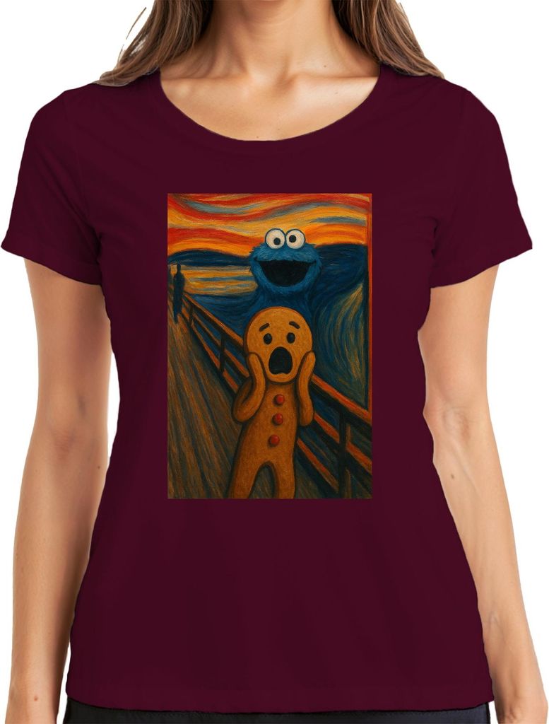 Krümelmonster Der Schrei Lebkuchenmann Gemälde Karneval Lustig Damen T-Shirt, Burgundy, L