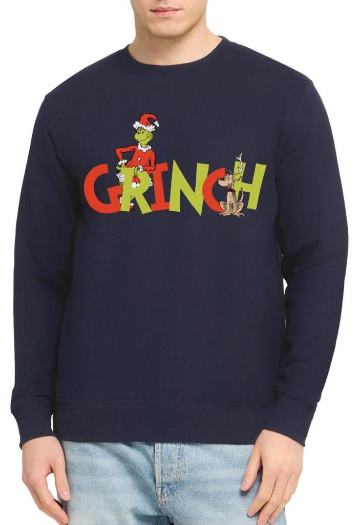 Spreadshirt Der Grinch Schriftzug Mit Grinch & Hund Max Uni Pullover, L, Navy