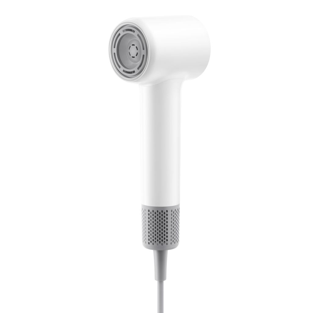 A white and gray hair dryer is shown against a white background.