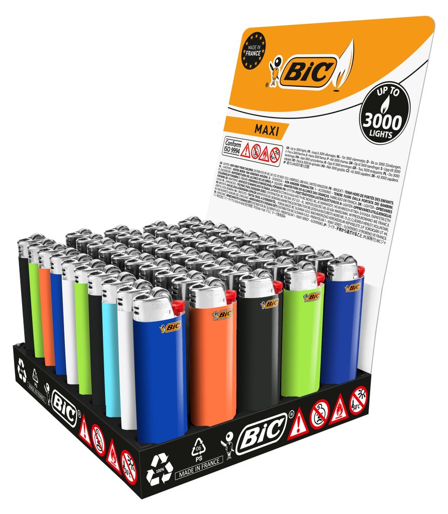 A display box filled with colorful BIC lighters.