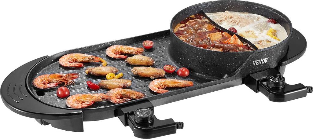 A VEVOR electric hot pot and grill combo with food items on it.
