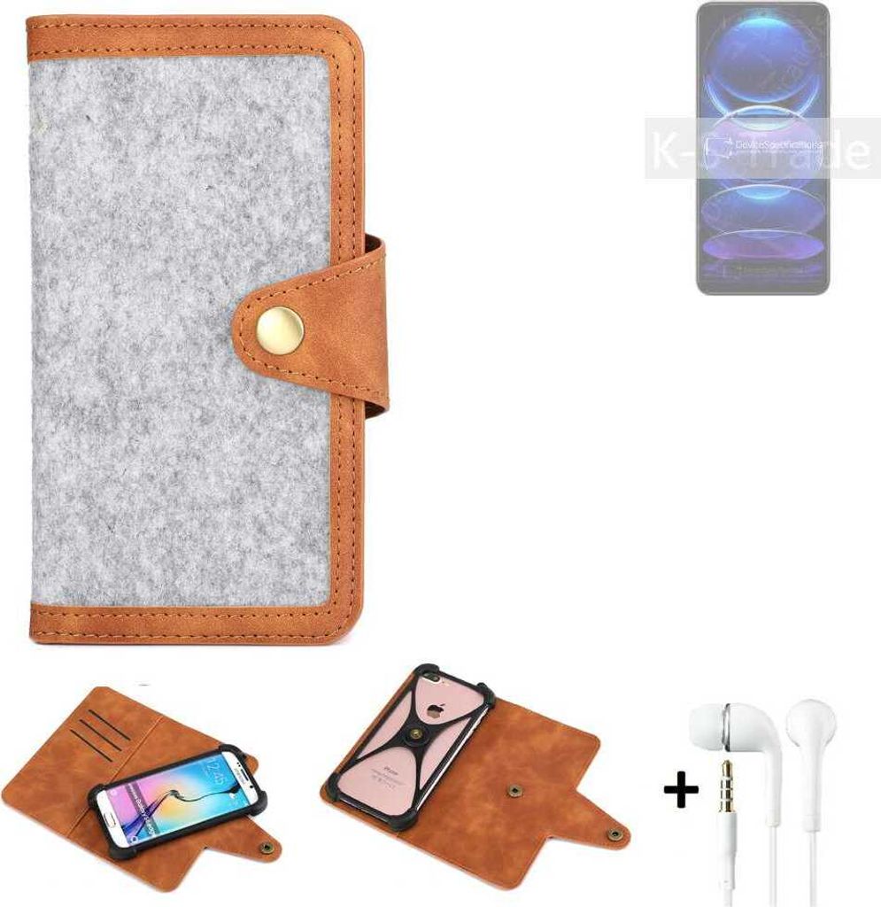 K-S-Trade Handyhülle + Kopfhörer kompatibel mit Xiaomi Redmi Note 12 Explorer Schutzhülle Filz Hülle Kunstleder hellgrau braun (1x)