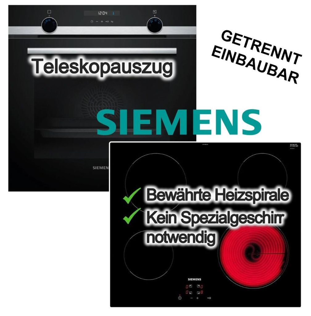 Siemens Herdset Einbaubackofen Hydrolyse Teleskopauszug + Glaskeramik Kochfeld Kindersicherung