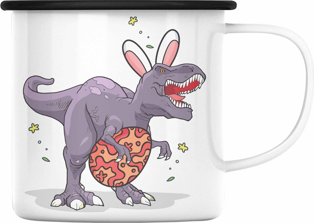 Trendation - Emaille Tasse Ostern T-Rex Dino Ostergeschenke Kinder Jugendliche Geschenke Lustige Grafik Osterhase Ostereier Hasenohren (Schwarz)