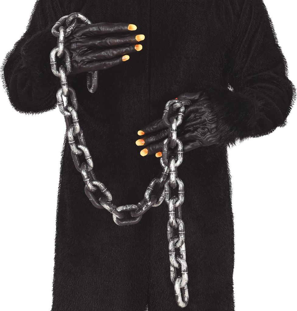 A person wearing a black furry costume and holding a chain.