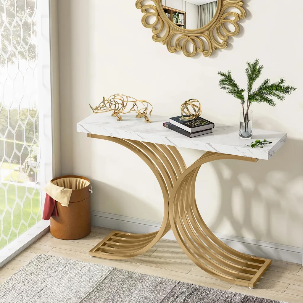 Table d'entrée design géométrique or et marbre blanc 100x30x80 cm