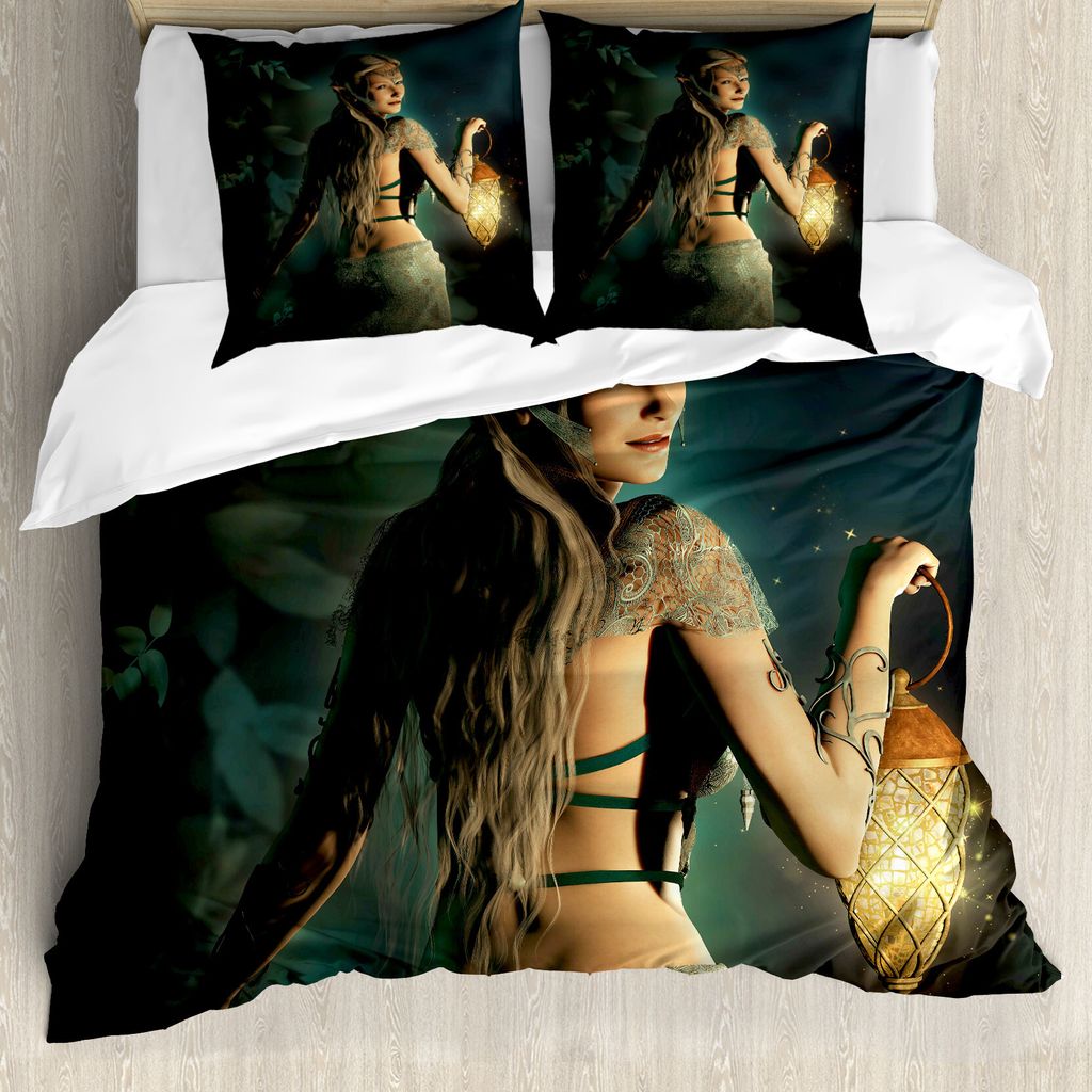 ABAKUHAUS Fee Bettbezug, Elf Princess Laterne, Milbensicher Allergiker geeignet mit Kissenbezügen, 200 cm x 200 cm - 80 x 80 cm, Petrol Blau Beige