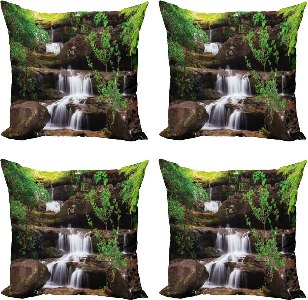 ABAKUHAUS Wasserfall Kissenbezug Set (4 Stück), Rock Treppe in Wasserfall, Moderner Doppelseitiger Digitaldruck, 60 cm x 60 cm, Braun Weiß und Grün
