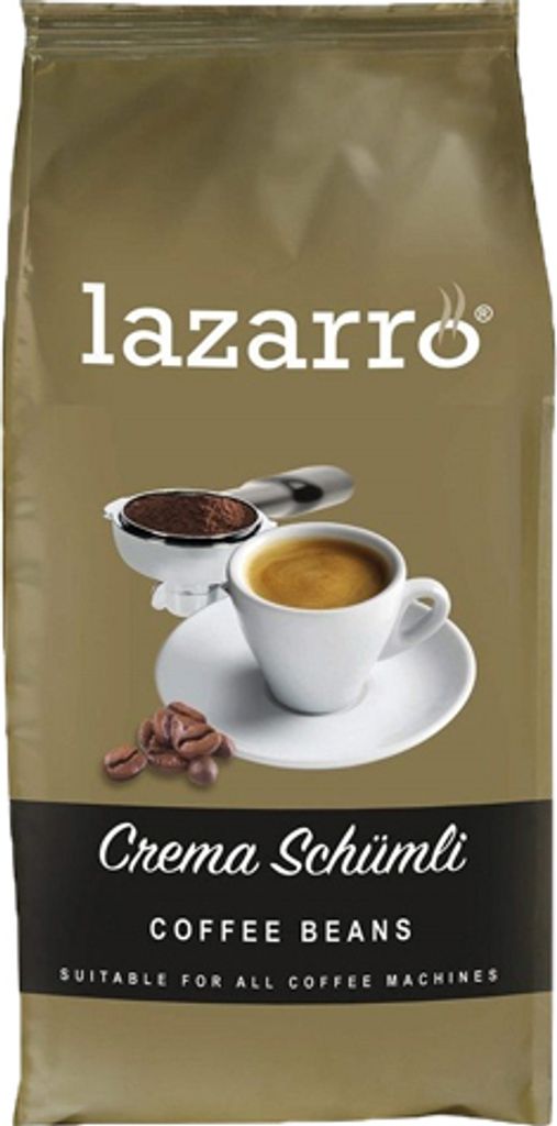 A bag of Lazarro Crema Schumli coffee beans with an illustration of a cup of coffee and coffee beans.
