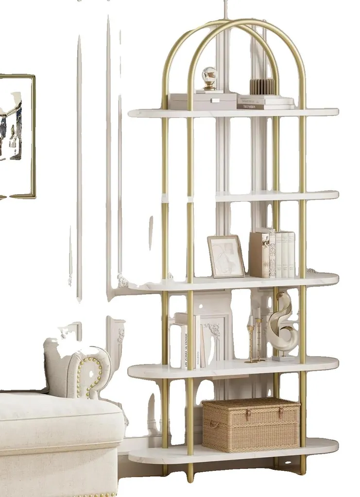 Bibliothèque pour Bureau et Salon 5 Tablettes Rangement Blanc et Doré