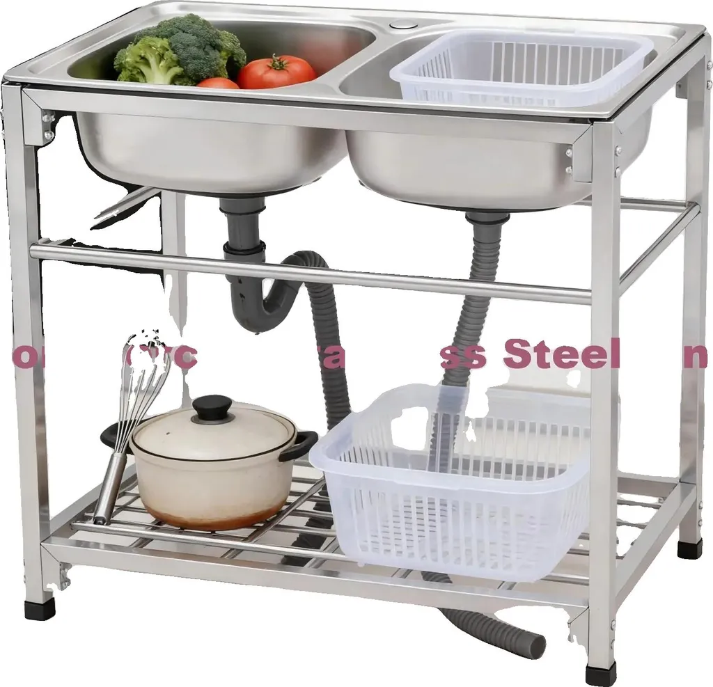 Évier double industriel en acier inox 304 - 83x44x77cm - Charge 75kg