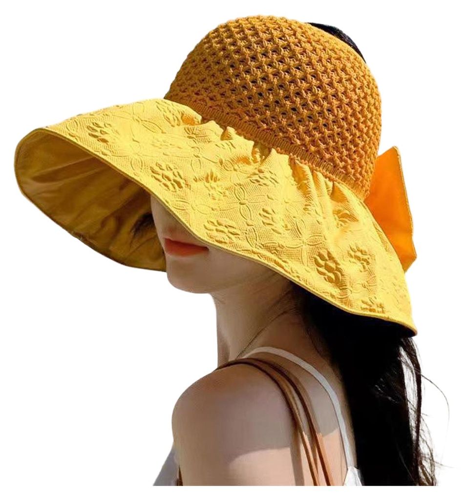 Sonnenhut mit Schleifendesign, faltbar, atmungsaktiv, aus hohl gewebtem Jacquard-Gewebe mit großer Krempe, UV-Schutz, gesichtsschlankmachend, Somm...