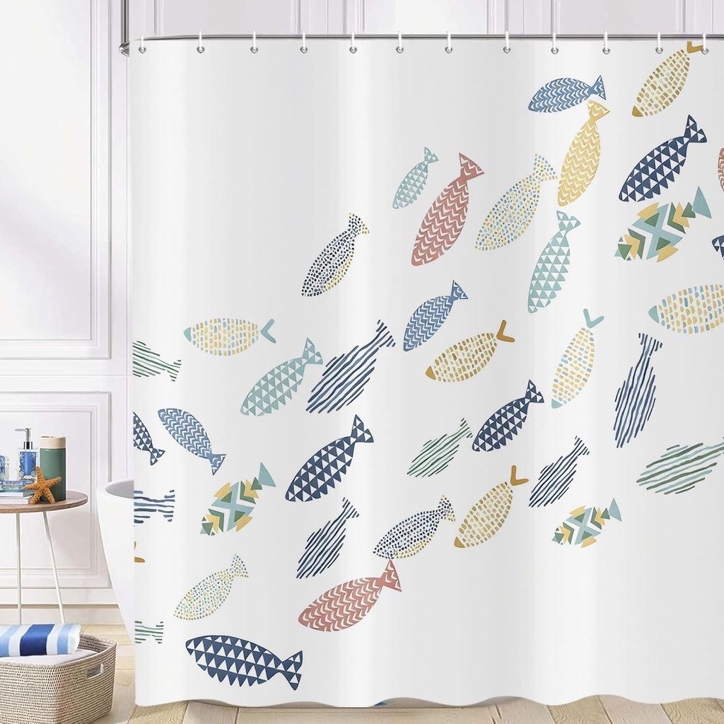 Duschvorhang mit Fischmotiv 180x200 cm, Sommer-Ozean, bunte schwimmende Fische, minimalistische Ästhetik, weiß, wasserdicht, Polyestergewebe, was...