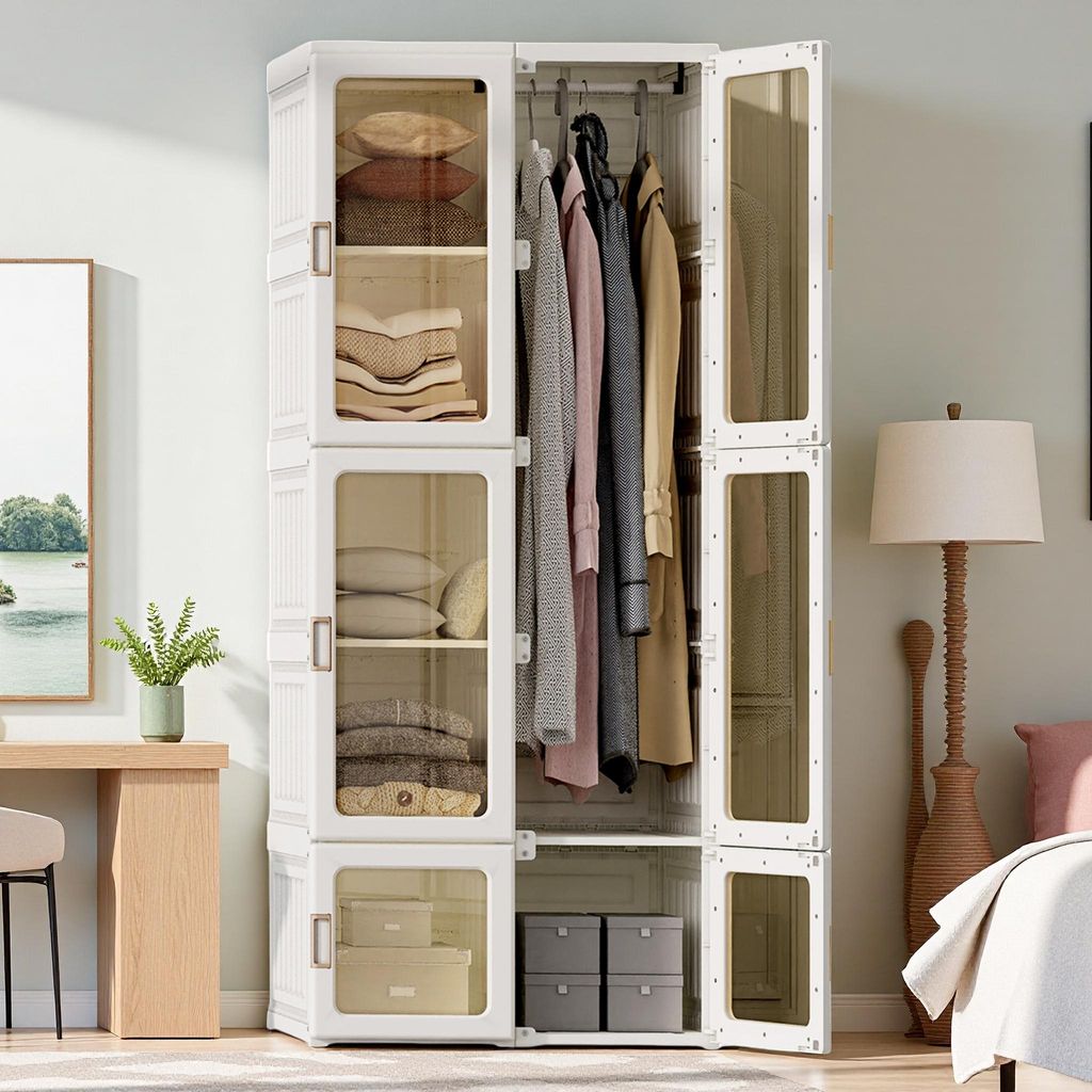 Fortuna Lai Kleiderschrank, Tragbarer Regalsystem, 10 Würfel Schrank aus Kunststoff mit 1 Kleiderstange, Schlafzimmerschrank kleiderschrank Weiss ...