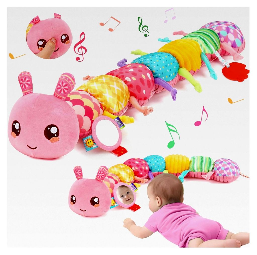 Babyspielzeug 0-6 Monate Raupe Musikspielzeug, Montessori Sensorikspielzeug für Mädchen mit Lineal, Greifling, Rassel und Spiegel, Geschenk für ...